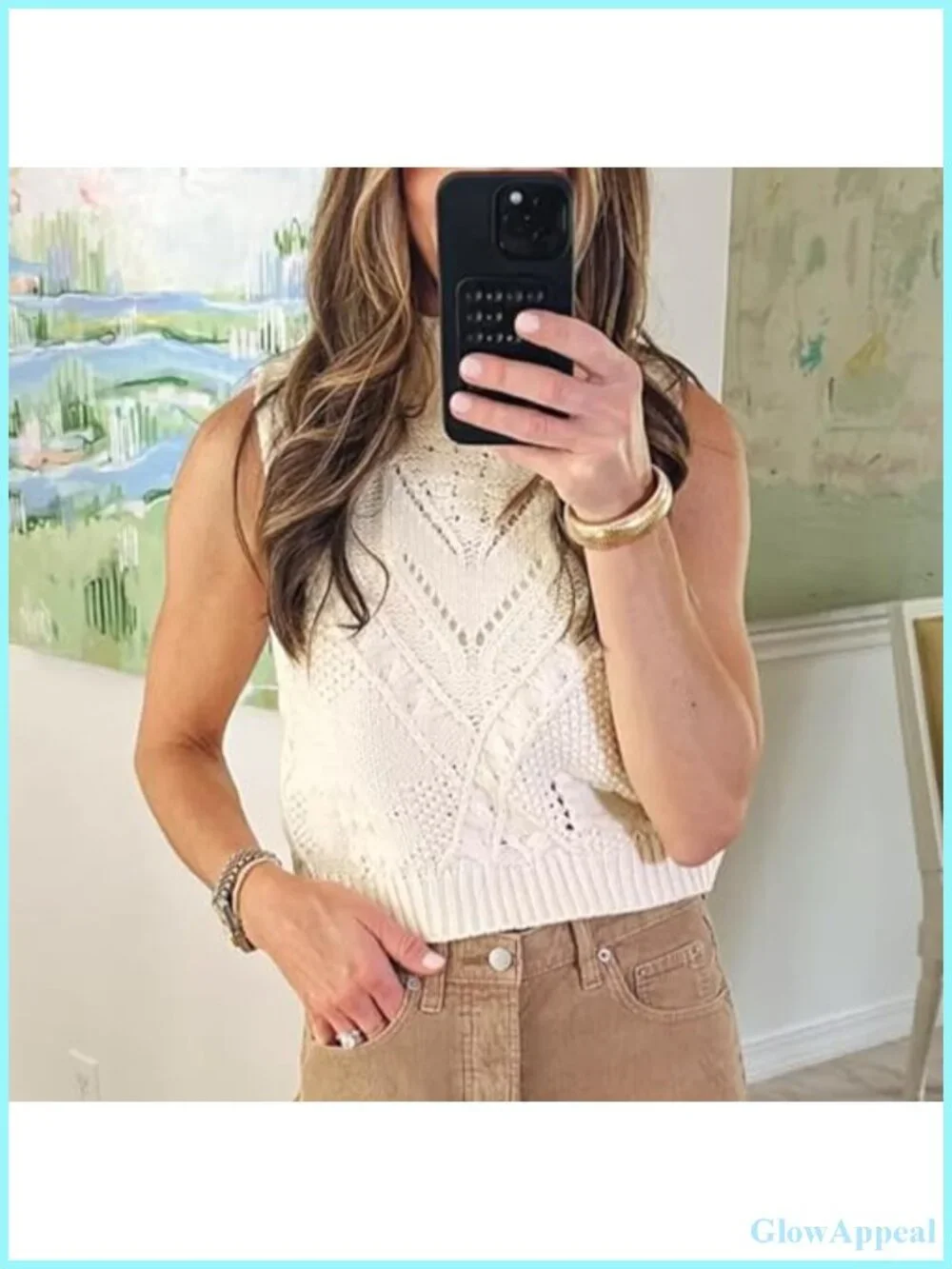 Crochet Sleeveless Turtleneck Sweater Vest Cotton Knit Relaxed Fit